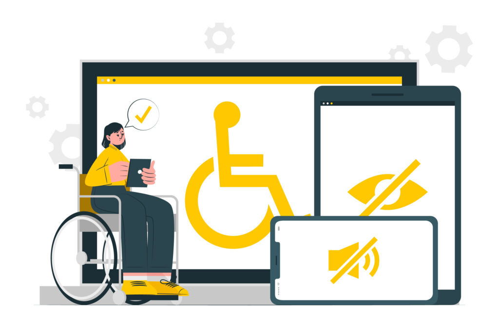 Dessin d'une femme en fauteuil roulant devant un ordinateur, une tablette et un smartphone comportant chacun le logo d'un handicap