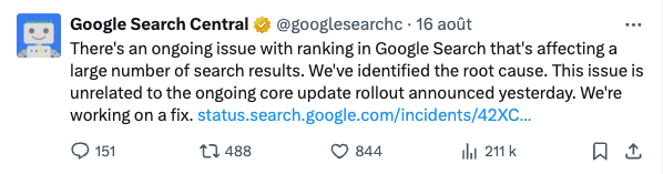 Annonce des problèmes dans le classement du moteur de recherche en août 2024